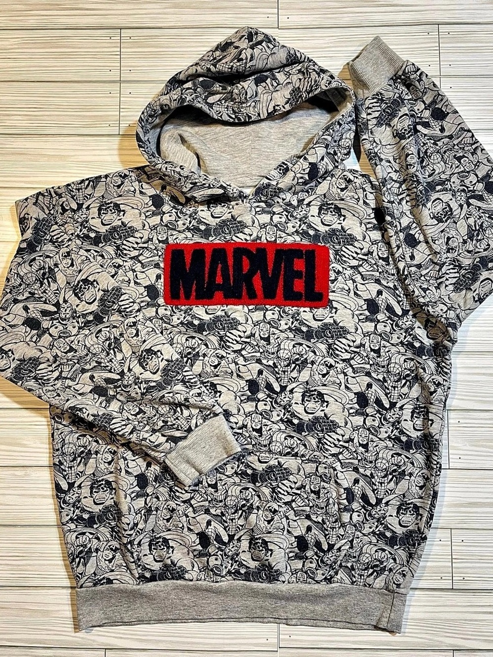 Marvel Comic All-Over Print Patch Logo Hoodie Gray & Black Boys XL (16)